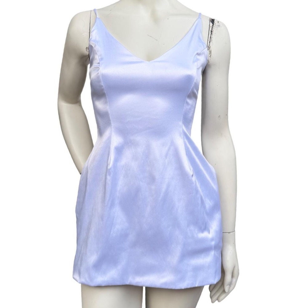 LUX LA White Satin Mini Bubble Dress V-Neck Spaghetti Strap Pockets Sexy Small